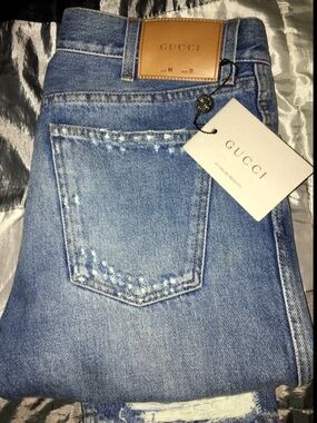 Gucci Light Blue Denim Jeans with Tan Leather Logo - Size 31
